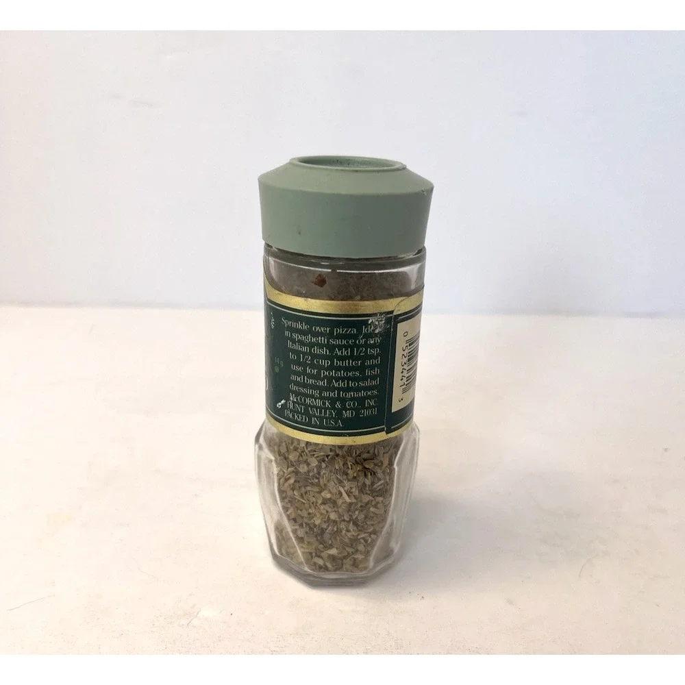 Vintage McCormick Oregano Spice Jar - Glass Container w/‎ Contents - Green Lid